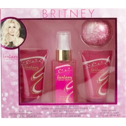 Fantasy Britney Spears Hair Mist 3.4 Oz & Body Lotion 1.7 Oz & Body Wash 1.7 Oz & Bath Fizz 2.65 Oz